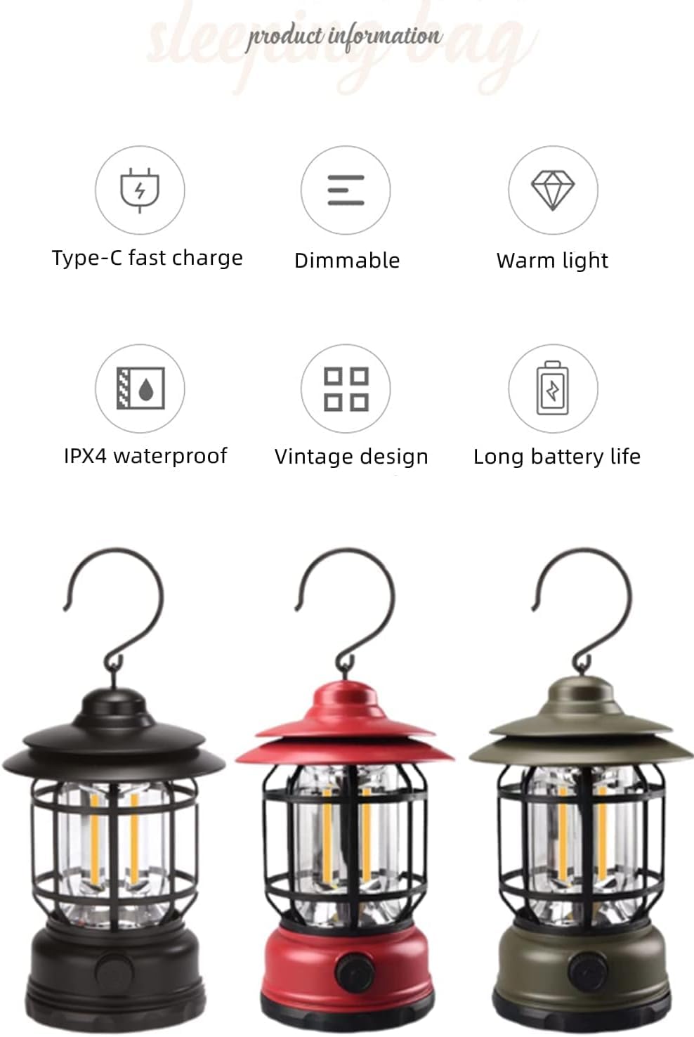 Coku Rechargeable LED Camping Lanterns – USB Powered Outdoor Lights, Waterproof & Dimmable Flashlight with Hook, Lightweight, Ideal for Camping Hiking Emergency Garden & Home