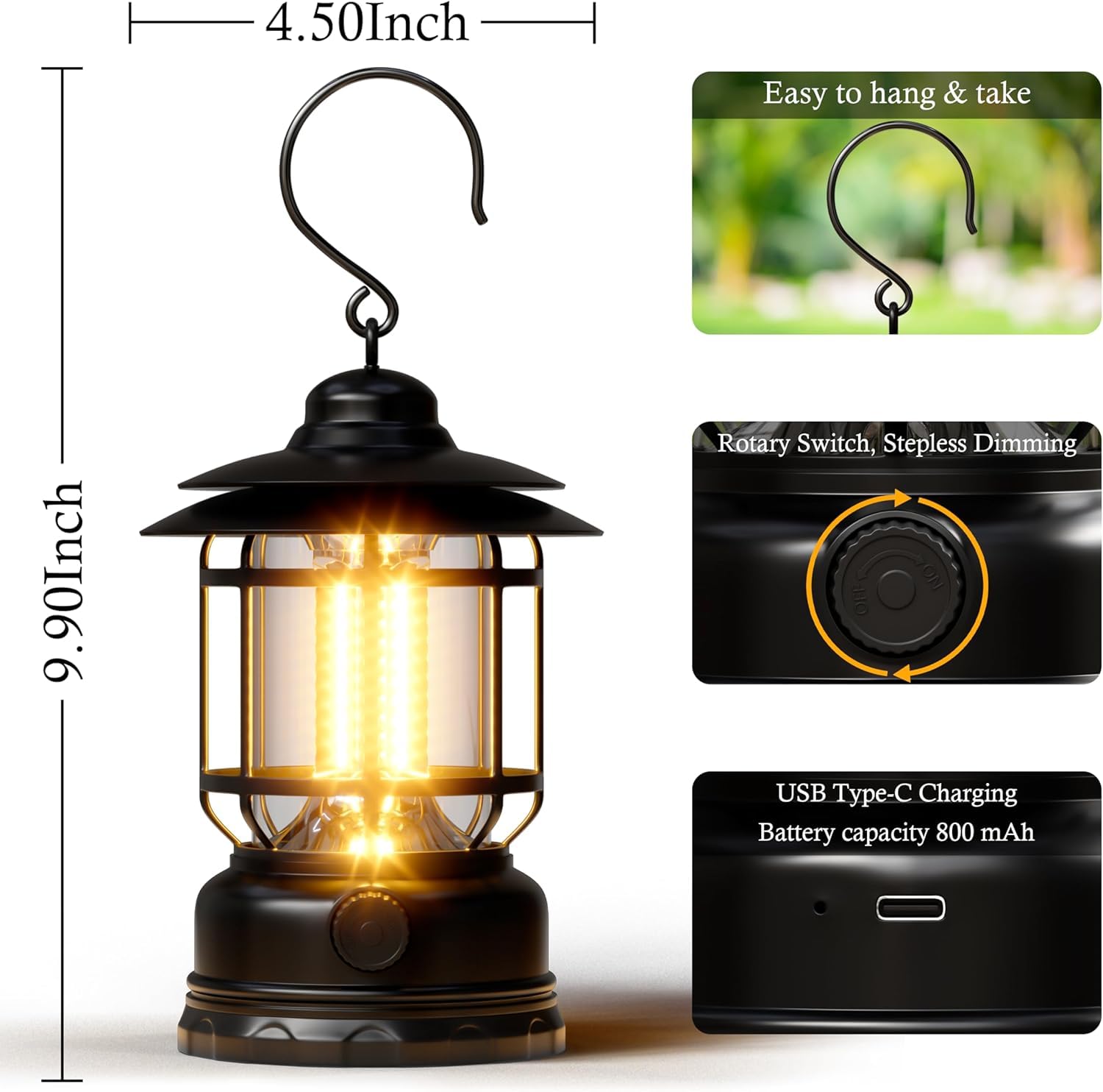 Coku Rechargeable LED Camping Lanterns – USB Powered Outdoor Lights, Waterproof & Dimmable Flashlight with Hook, Lightweight, Ideal for Camping Hiking Emergency Garden & Home