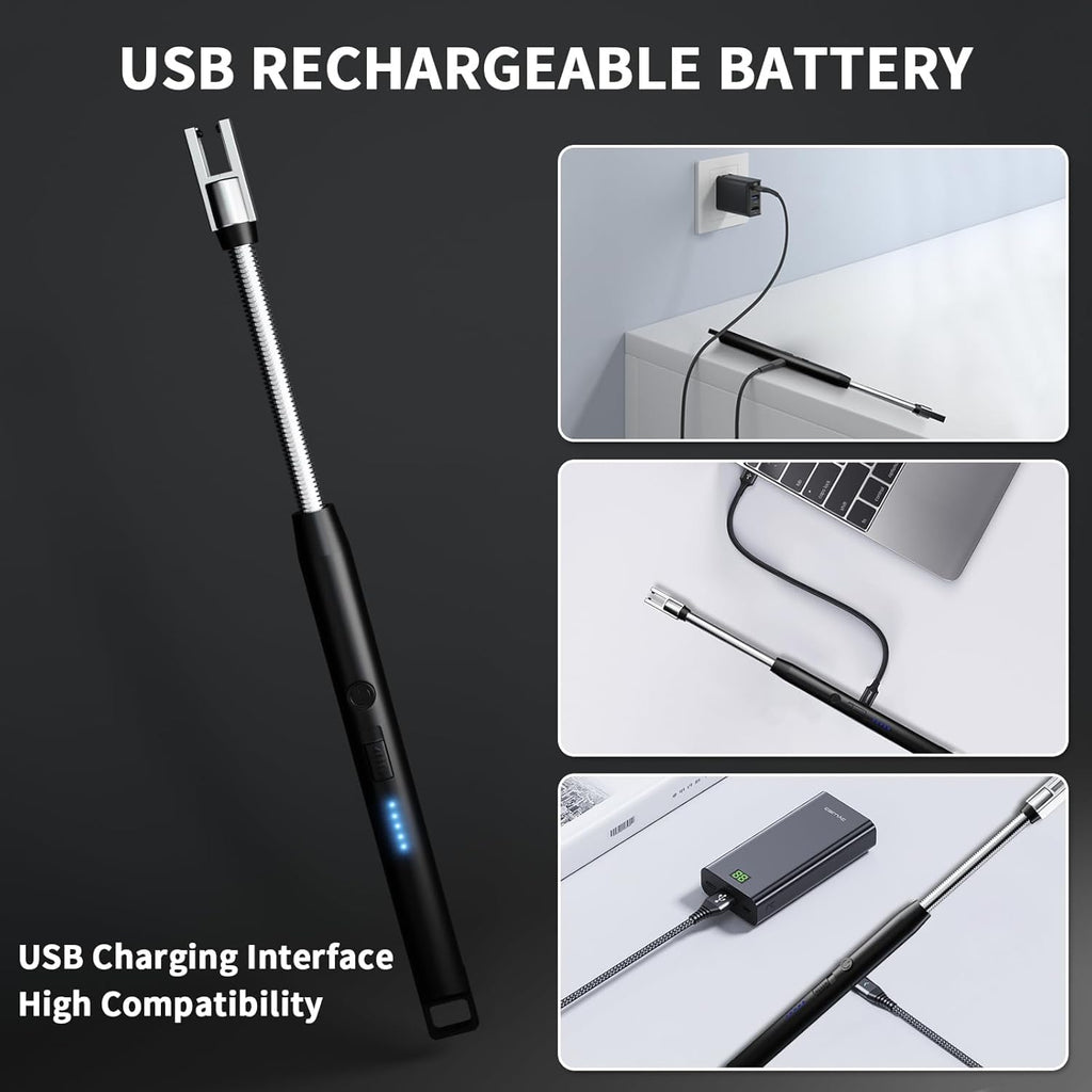 Coku Rechargeable Gas Lighter for Kitchen Use, Electric Lighter with LED Power Display, 360° Flexible Neck Flameless Windproof Long Lighters for Candles, Gas Stove & Camping (1 pcs)