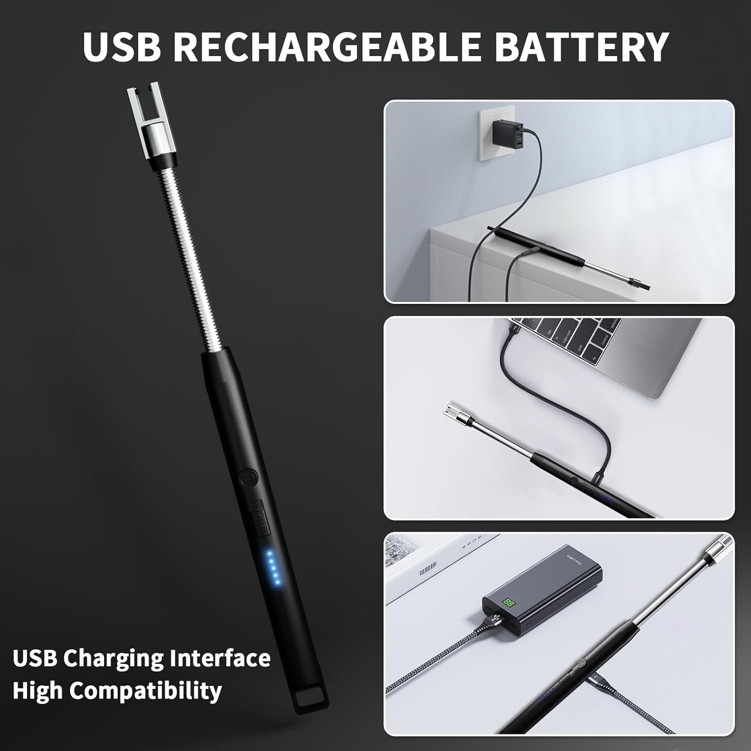 Coku Rechargeable Gas Lighter for Kitchen Use, Electric Lighter with LED Power Display, 360° Flexible Neck Flameless Windproof Long Lighters for Candles, Gas Stove & Camping (1 pcs)