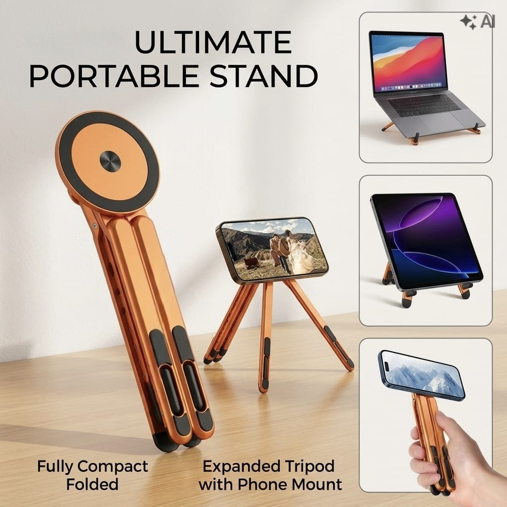 Coku 5-in-1 Portable Foldable Laptop Stand, Aluminum Alloy Adjustable Height Stand with Magnetic Phone Holder for MacBook, Tablets & Smartphones, Travel-Friendly Stand