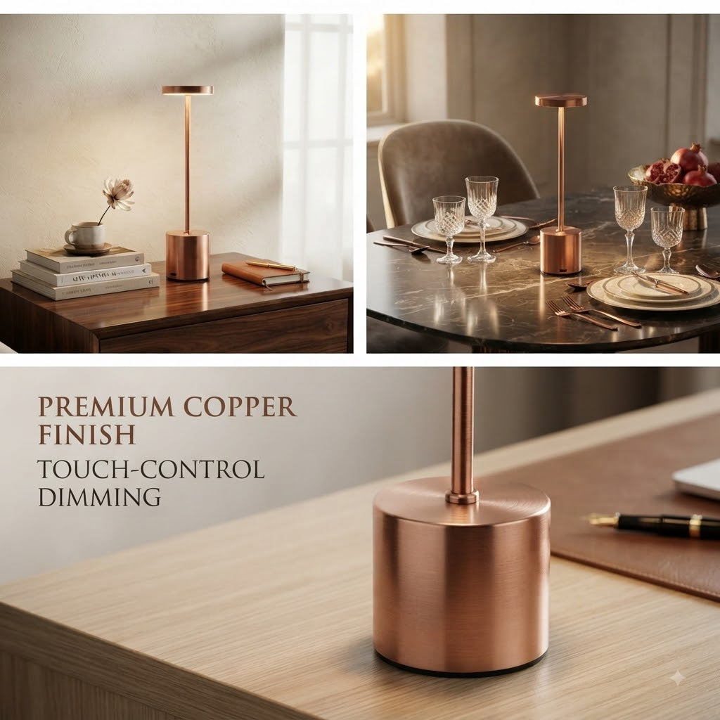 Cordless LED Table Lamp, Rechargeable Modern Minimalist Touch Control Desk Lamp with Rose-Gold Metallic Finish, Portable Ambient Light for Living Room, Bedroom, and Dining Table