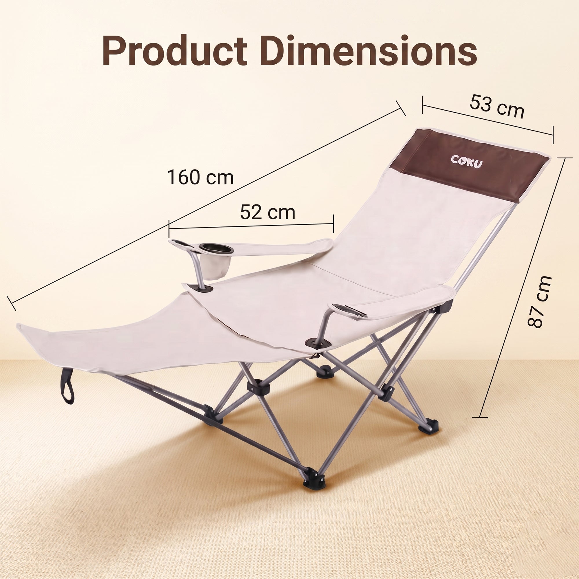 Coku Reclining Camping Chair with Detachable Foot Rest, Cup Holder & Side Storage Pocket, Foldable Portable Heavy Duty Lounge Chair for Beach, Fishing, Picnic, Garden