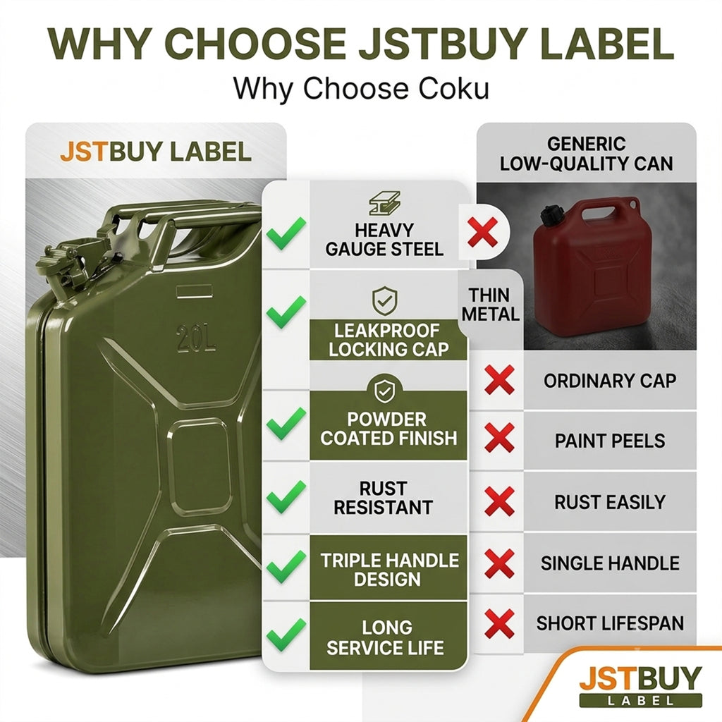 JSTBUY LABEL 20L Metal Jerry Can for Fuel, Petrol, Diesel & Water | Heavy Duty Leakproof Steel Fuel Can with Locking Cap | Rust Resistant Military Style Portable Oil Storage Container | Olive Green