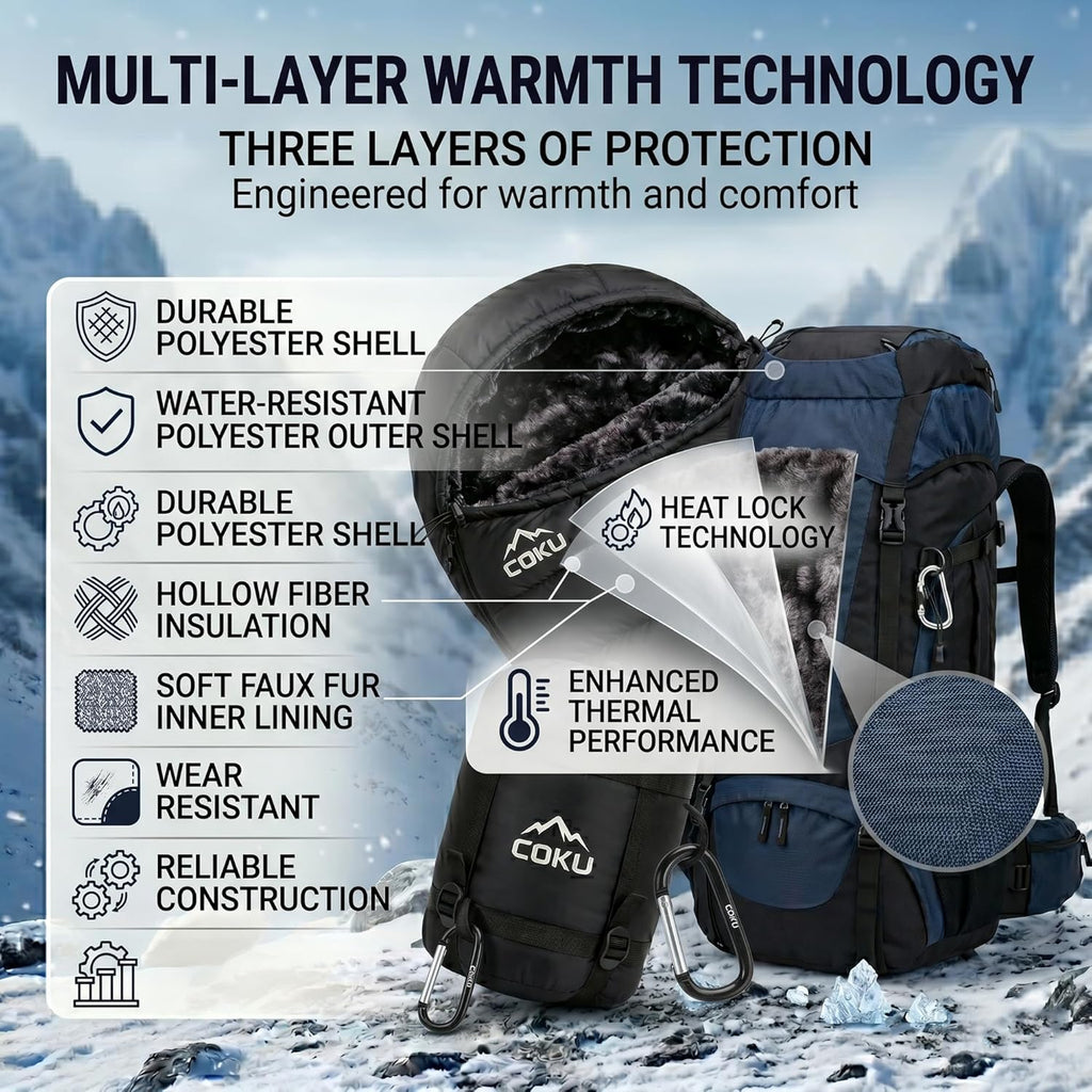 Coku Premium Camping Sleeping Bag, Up to 7.2 ft with Faux Fur Lining, Hooded Design, Lightweight & Compact with Fits Users Sleeping Bag (-5°C to +5°C) for Camping, Hiking & Travel (Black)