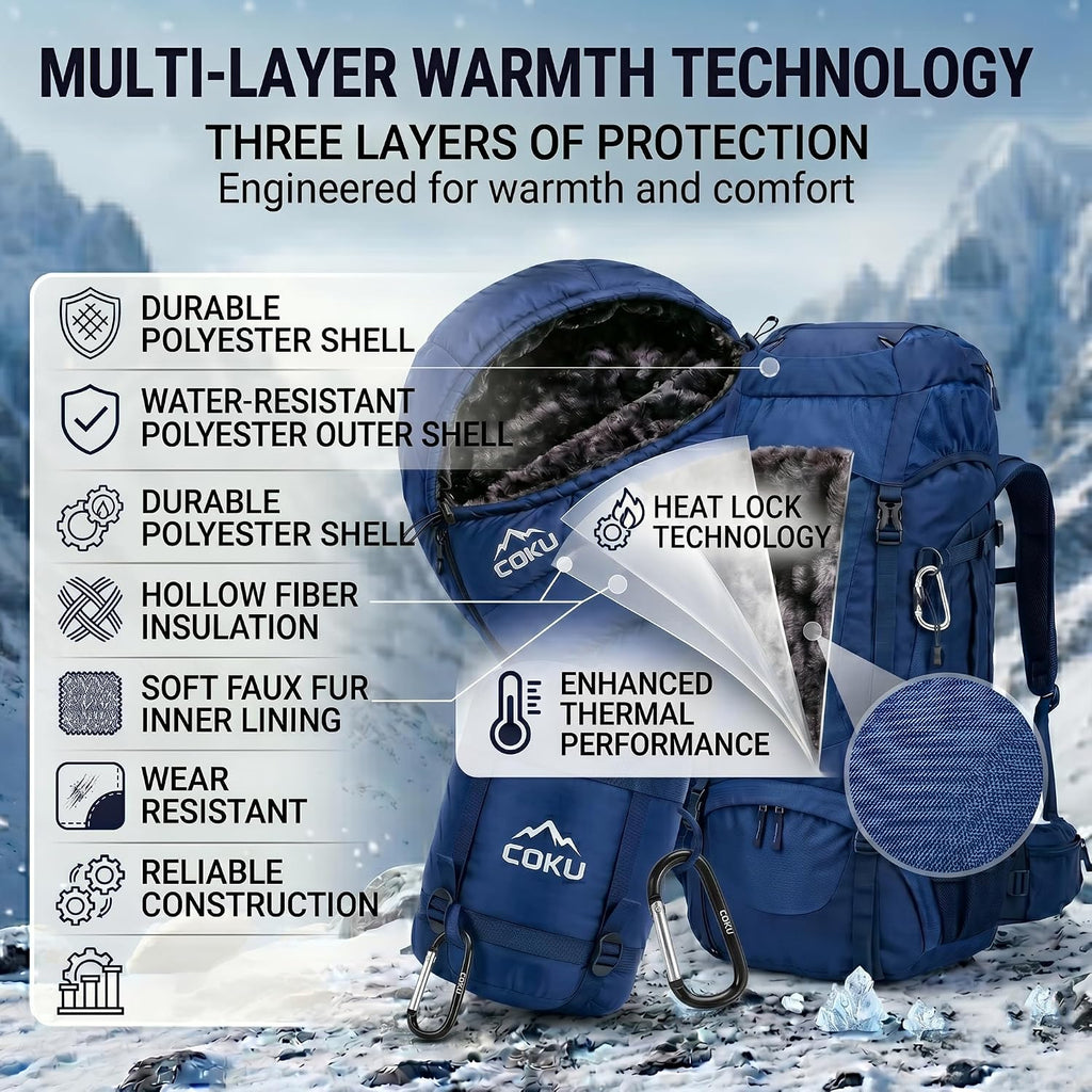 Coku Premium Camping Sleeping Bag, Up to 7.2 ft with Faux Fur Lining, Hooded Design, Lightweight & Compact with Fits Users Sleeping Bag (-5°C to +5°C) for Camping, Hiking & Travel (Blue)