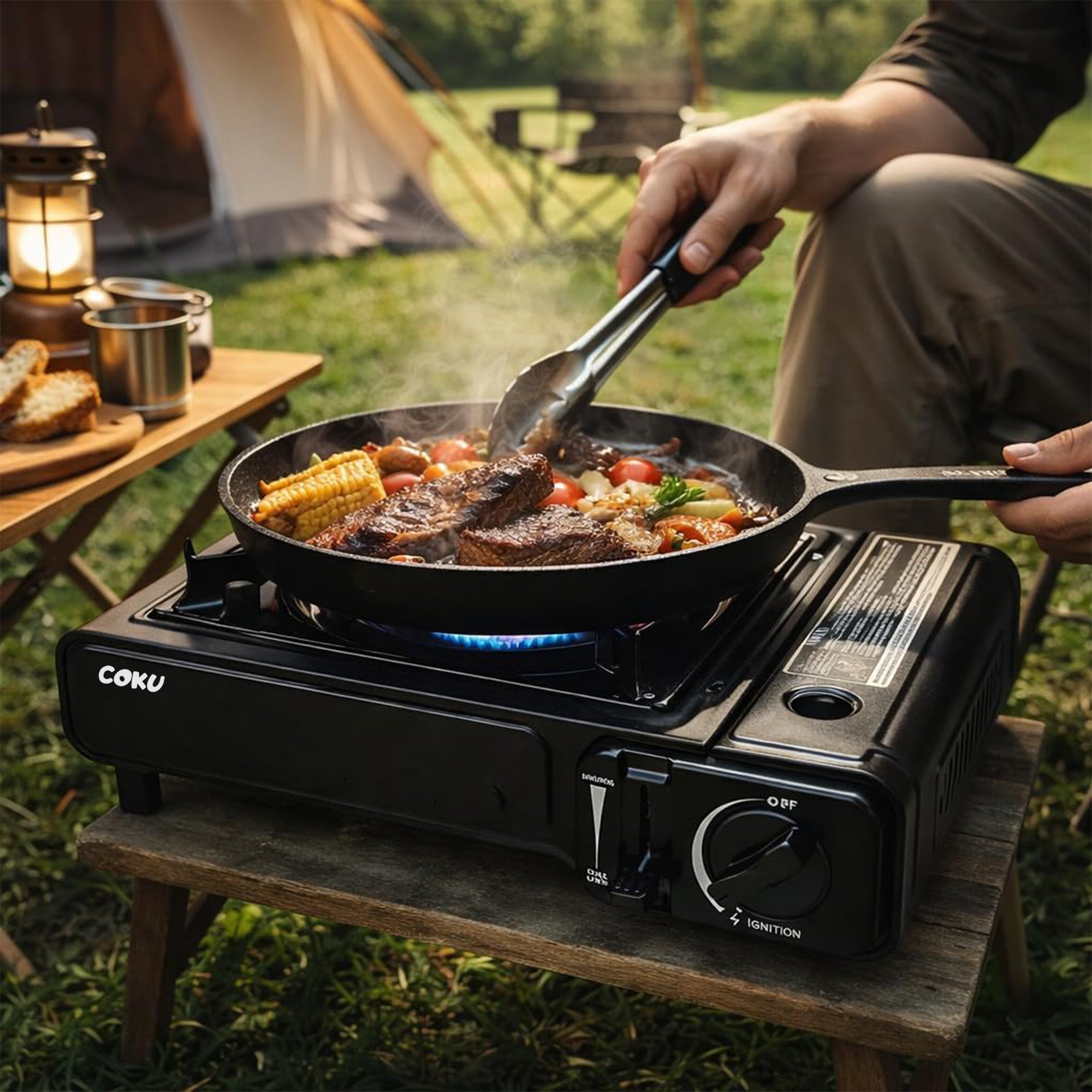 Coku Butane Gas Stove for Camping, Portable Single Burner Cooktop with Automatic Ignition, Flame Control, Safety Cartridge Lock, Carry Case, for Hiking, BBQ, Picnic
