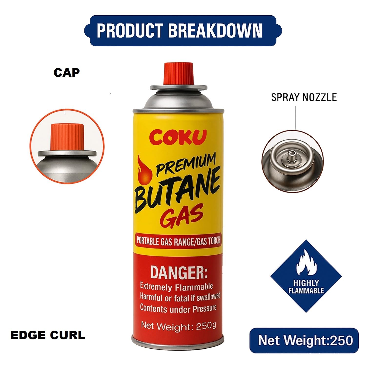 Coku Butane Gas Refill Canisters 250g - Portable Butane Fuel for Camping Stove, Gas Burner, BBQ, Kitchen, Outdoor Cooking, Travel & Picnic – Compatible with Butane Gas Stove