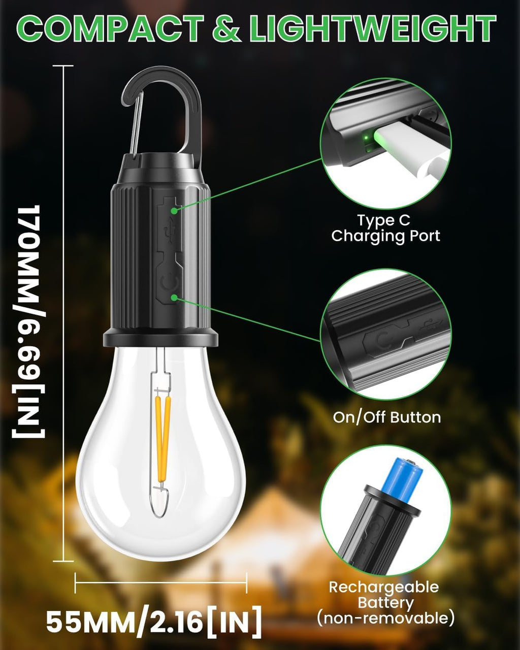 Coku Solar Powered Rechargeable Emergency LED Light Bulb, Portable Waterproof Hanging Camping Lantern with 3 Modes & USB Charging, Outdoor Tent Lights for Hiking, Car, Household, Traveling