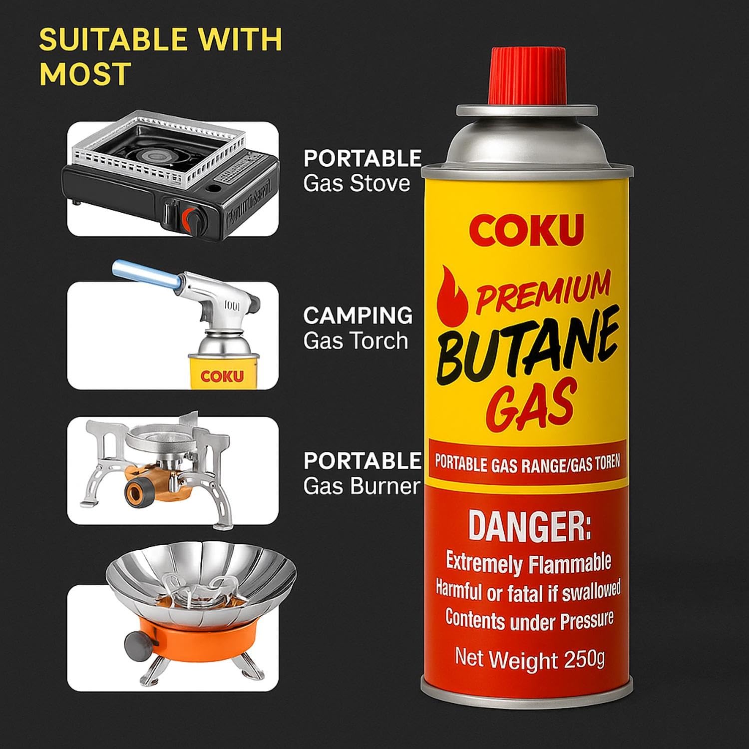 Coku Butane Gas Refill Canisters 250g - Portable Butane Fuel for Camping Stove, Gas Burner, BBQ, Kitchen, Outdoor Cooking, Travel & Picnic – Compatible with Butane Gas Stove