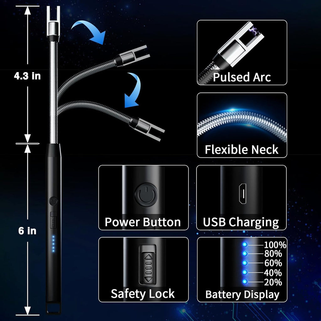 Coku Rechargeable Gas Lighter for Kitchen Use, Electric Lighter with LED Power Display, 360° Flexible Neck Flameless Windproof Long Lighters for Candles, Gas Stove & Camping (1 pcs)