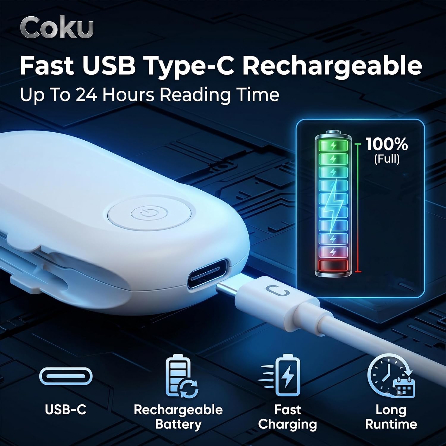 Coku Rechargeable LED Book Light for Reading at Night, Clip-On Reading Lamp with 3 Color Modes, Adjustable Brightness, USB Type-C Charging, 360° Flexible Gooseneck for Books, Bed, Study & Travel