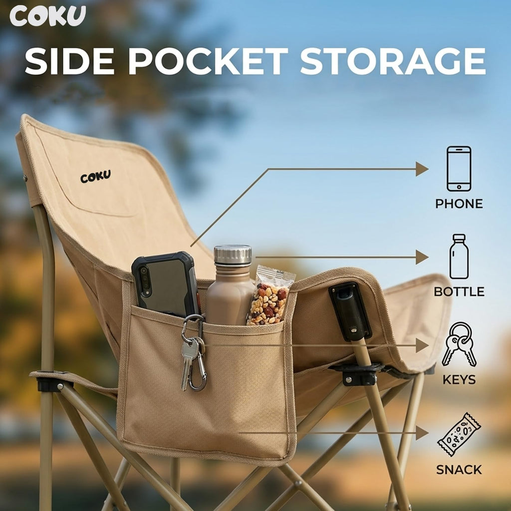 coku Foldable Camping Chair for Adults | Lightweight Portable Outdoor Chair with Side Pocket & Carry Bag | Carbon Steel Frame, 120kg Capacity | 600D Oxford Fabric for Camping, Beach & Travel