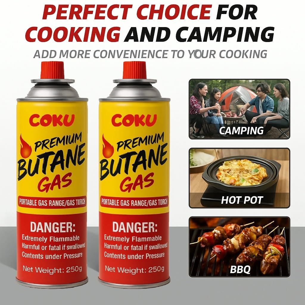 Coku Butane Gas Refill Canisters 250g - Portable Butane Fuel for Camping Stove, Gas Burner, BBQ, Kitchen, Outdoor Cooking, Travel & Picnic – Compatible with Butane Gas Stove