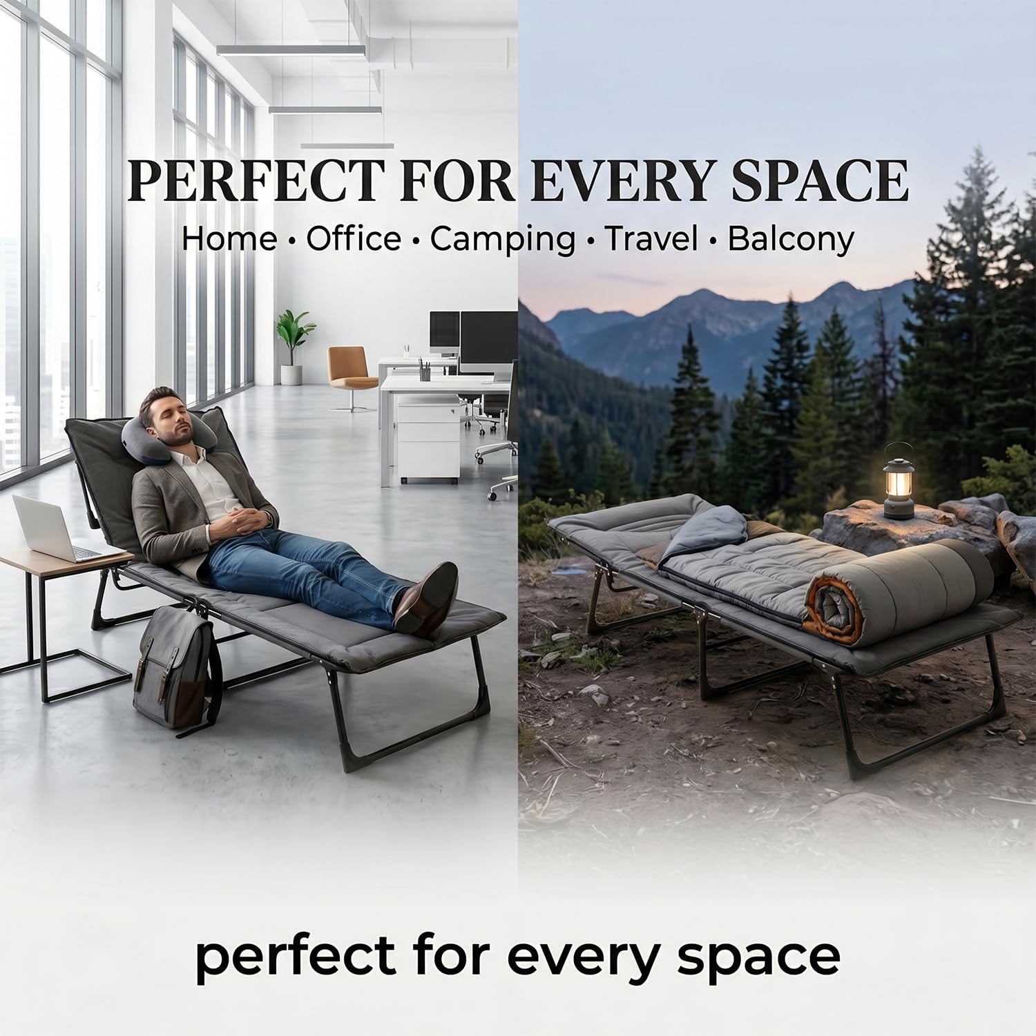 Coku Adjustable Folding Recliner Positions Bed 5-in-1 for Adults, Heavy Duty Portable Sleeping Cot with Reinforced Metal Frame, 150kg Capacity for Home, Office, Guest Room, Camping, Travel & Outdoor