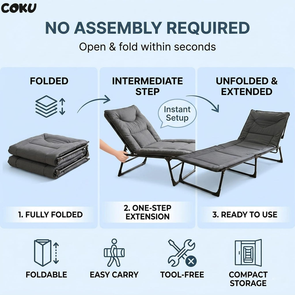 Coku Adjustable Folding Recliner Positions Bed 5-in-1 for Adults, Heavy Duty Portable Sleeping Cot with Reinforced Metal Frame, 150kg Capacity for Home, Office, Guest Room, Camping, Travel & Outdoor