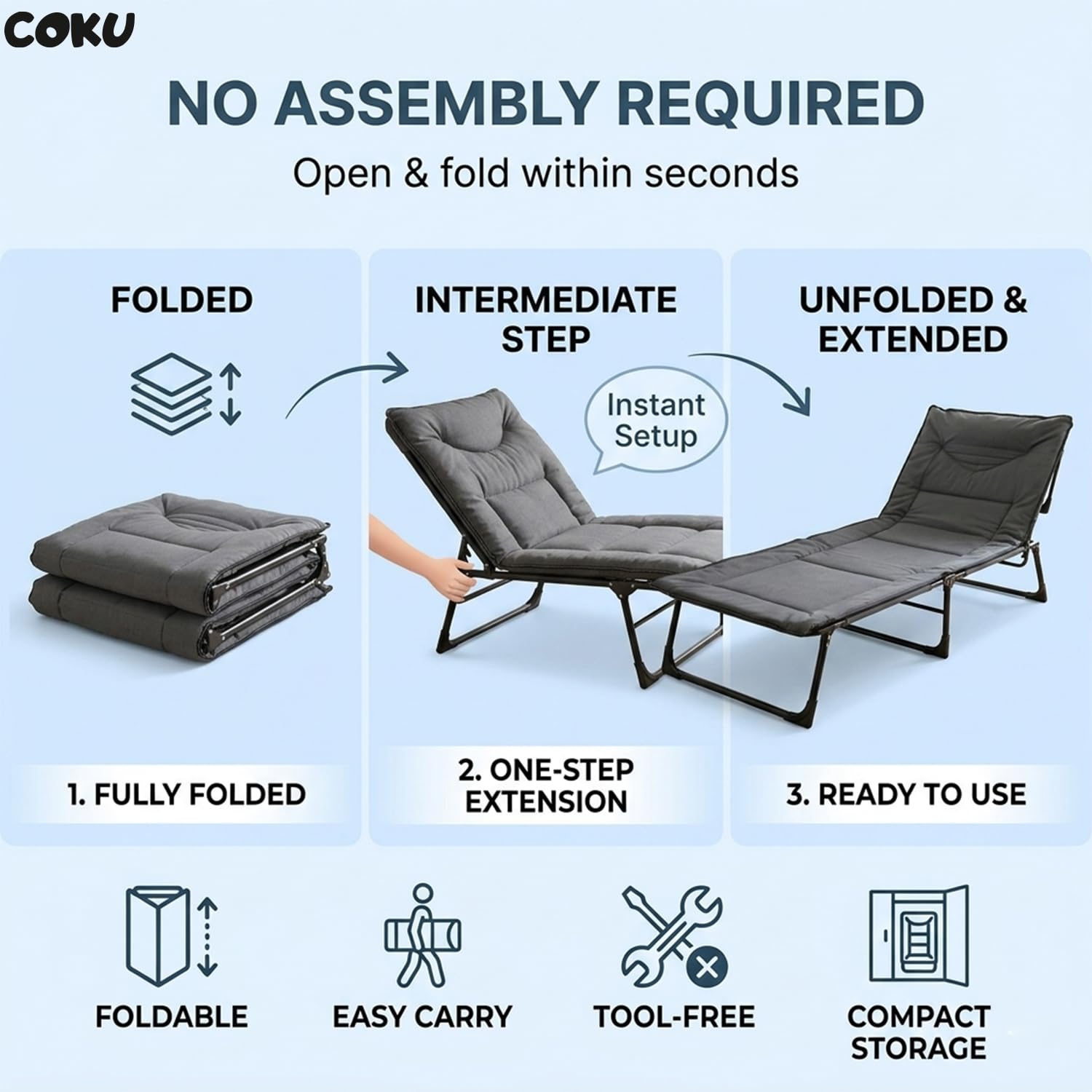 Coku Adjustable Folding Recliner Positions Bed 5-in-1 for Adults, Heavy Duty Portable Sleeping Cot with Reinforced Metal Frame, 150kg Capacity for Home, Office, Guest Room, Camping, Travel & Outdoor