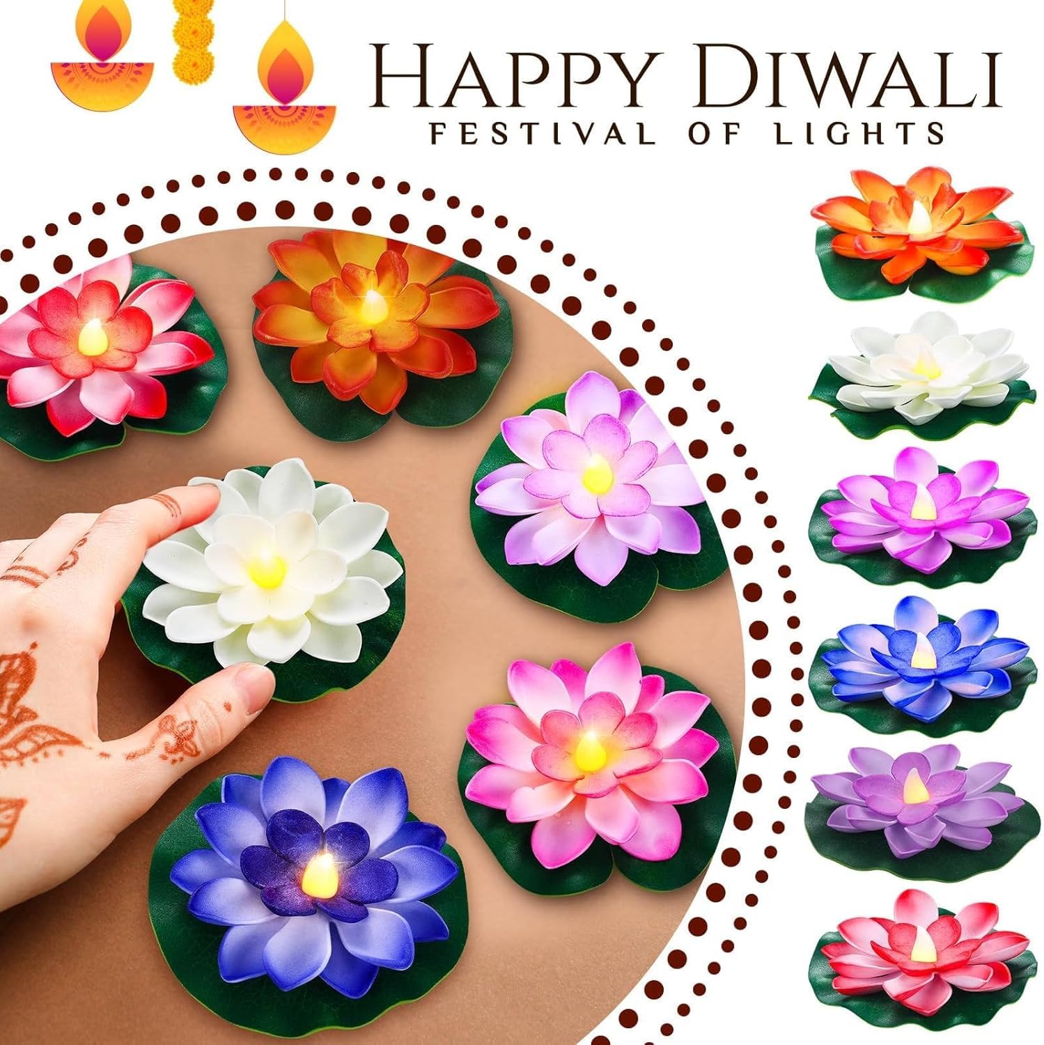 coku Floating Lotus LED Candles, Water Sensor Diya, 4" Multicolor Flower Lights, Water Activated Tea Lights for Diwali, Navratri, Durga Puja, Wedding, Pool, Urli Bowl, & Home Decor