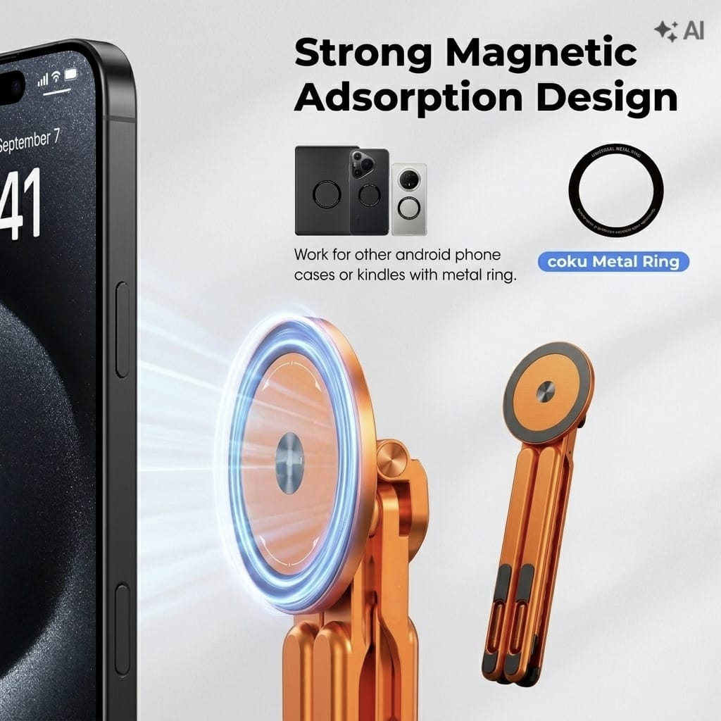 Coku 5-in-1 Portable Foldable Laptop Stand, Aluminum Alloy Adjustable Height Stand with Magnetic Phone Holder for MacBook, Tablets & Smartphones, Travel-Friendly Stand