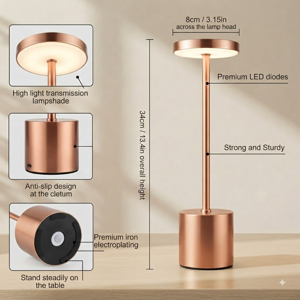 Cordless LED Table Lamp, Rechargeable Modern Minimalist Touch Control Desk Lamp with Rose-Gold Metallic Finish, Portable Ambient Light for Living Room, Bedroom, and Dining Table