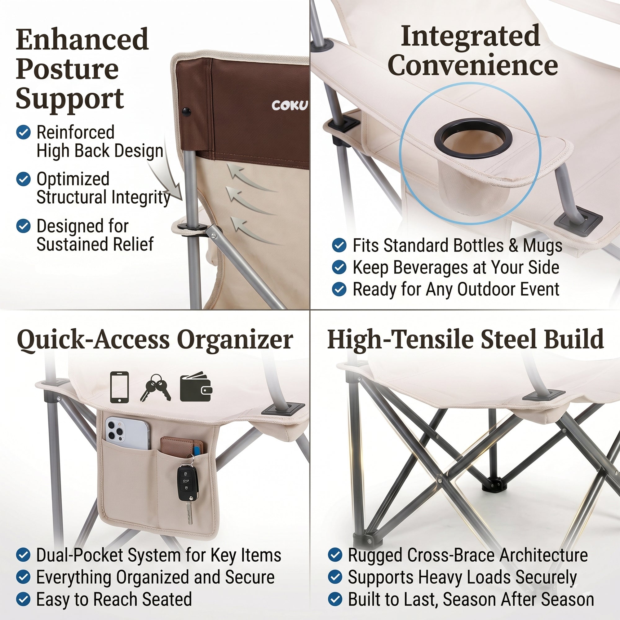 Coku Reclining Camping Chair with Detachable Foot Rest, Cup Holder & Side Storage Pocket, Foldable Portable Heavy Duty Lounge Chair for Beach, Fishing, Picnic, Garden