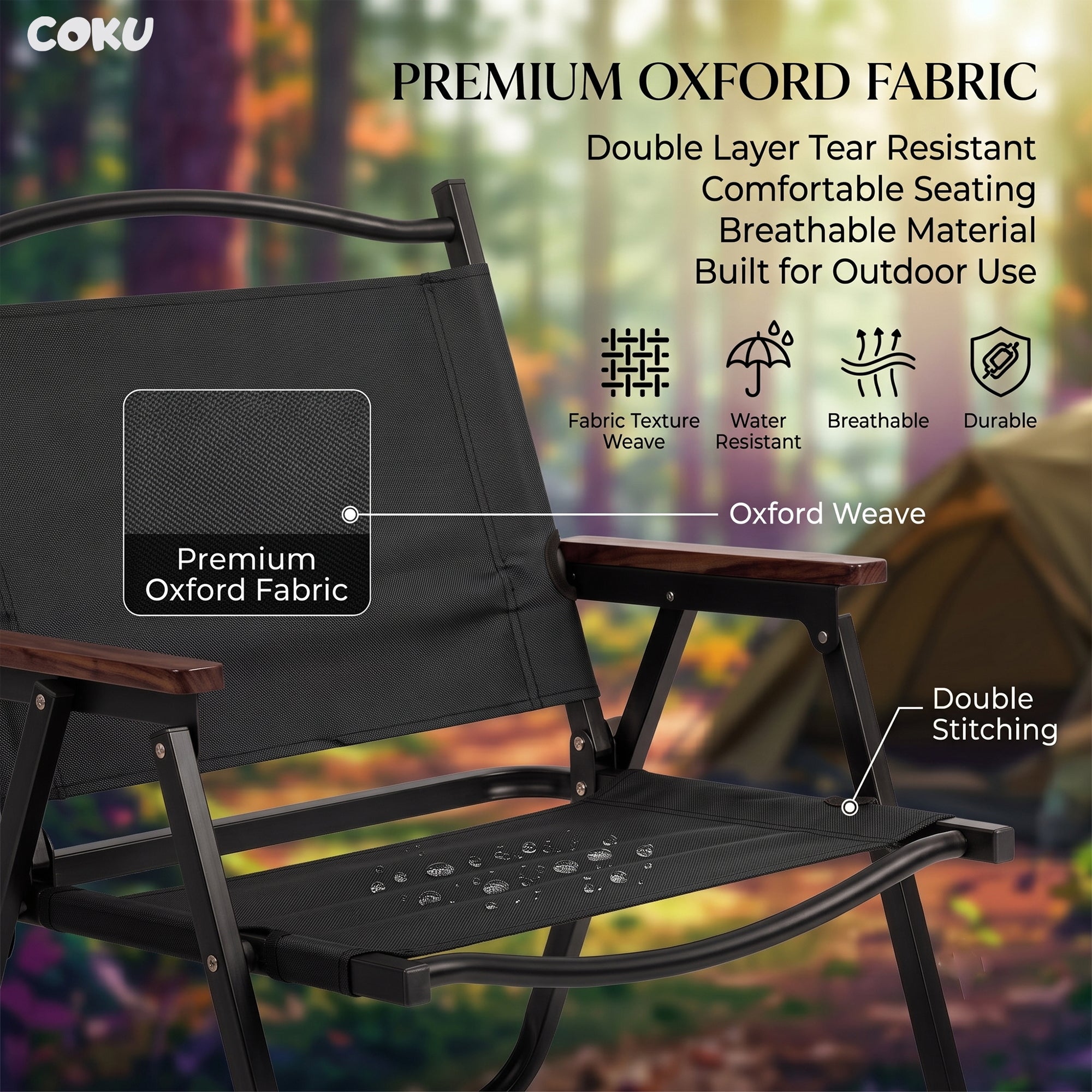 Coku Portable Folding Camping Chair for Adults | Wooden Armrest Camping Chair with Heavy Duty Aluminum Alloy Frame & Oxford Fabric | 150KG Capacity for Camping, Beach, Picnic, Fishing, BBQ & Travel