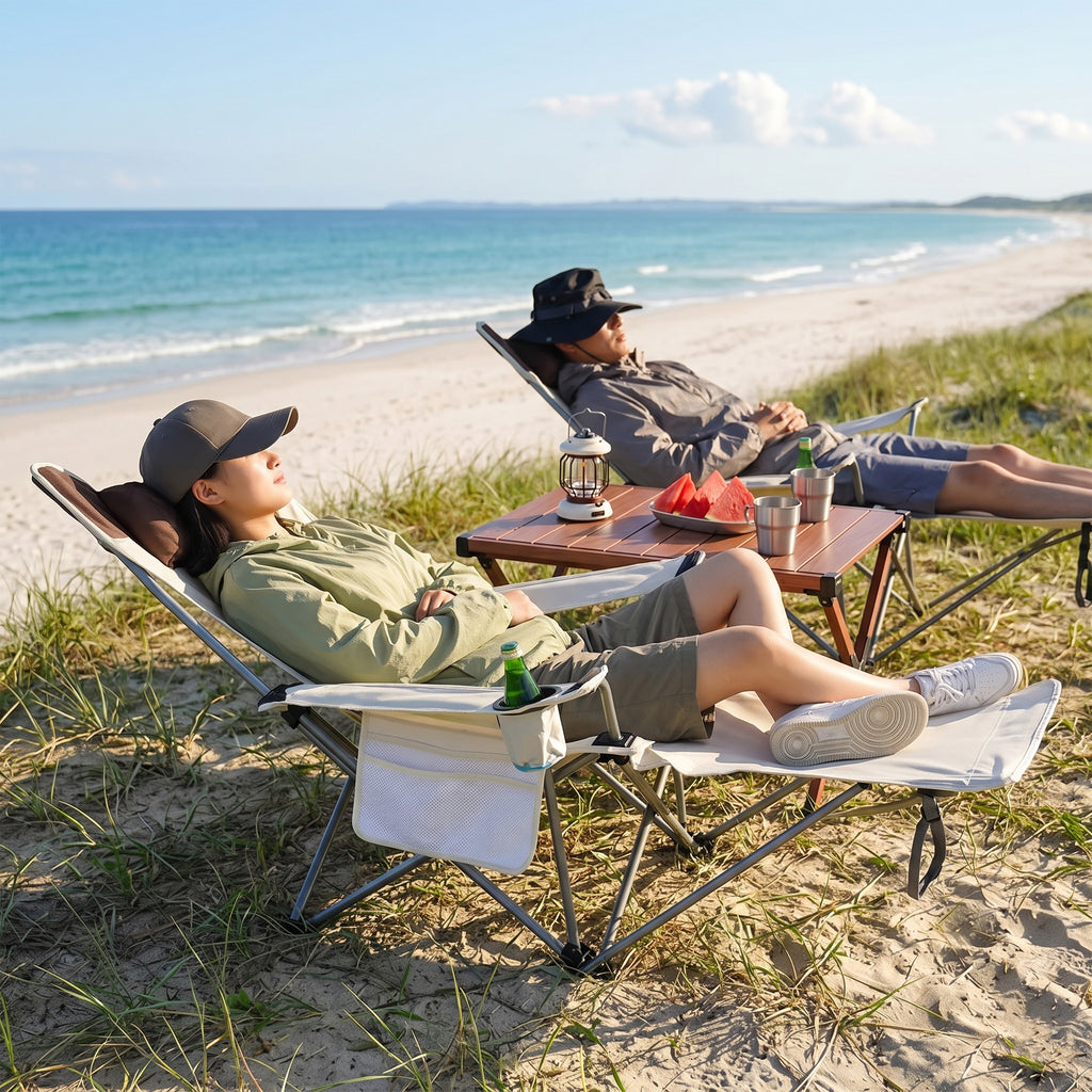 Coku Reclining Camping Chair with Detachable Foot Rest, Cup Holder & Side Storage Pocket, Foldable Portable Heavy Duty Lounge Chair for Beach, Fishing, Picnic, Garden