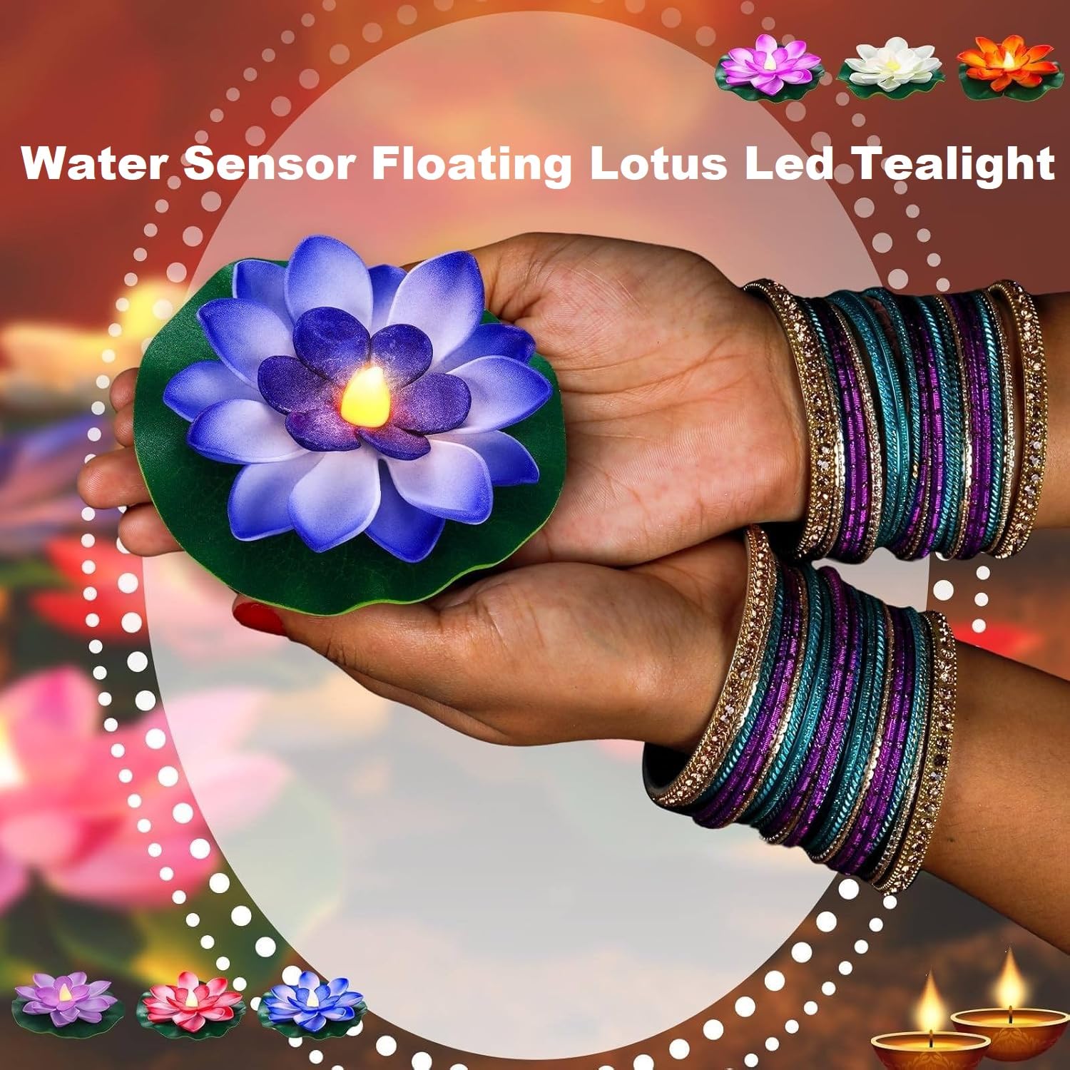 coku Floating Lotus LED Candles, Water Sensor Diya, 4" Multicolor Flower Lights, Water Activated Tea Lights for Diwali, Navratri, Durga Puja, Wedding, Pool, Urli Bowl, & Home Decor