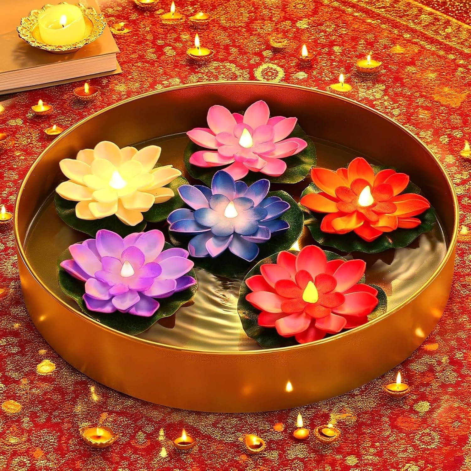 coku Floating Lotus LED Candles, Water Sensor Diya, 4" Multicolor Flower Lights, Water Activated Tea Lights for Diwali, Navratri, Durga Puja, Wedding, Pool, Urli Bowl, & Home Decor