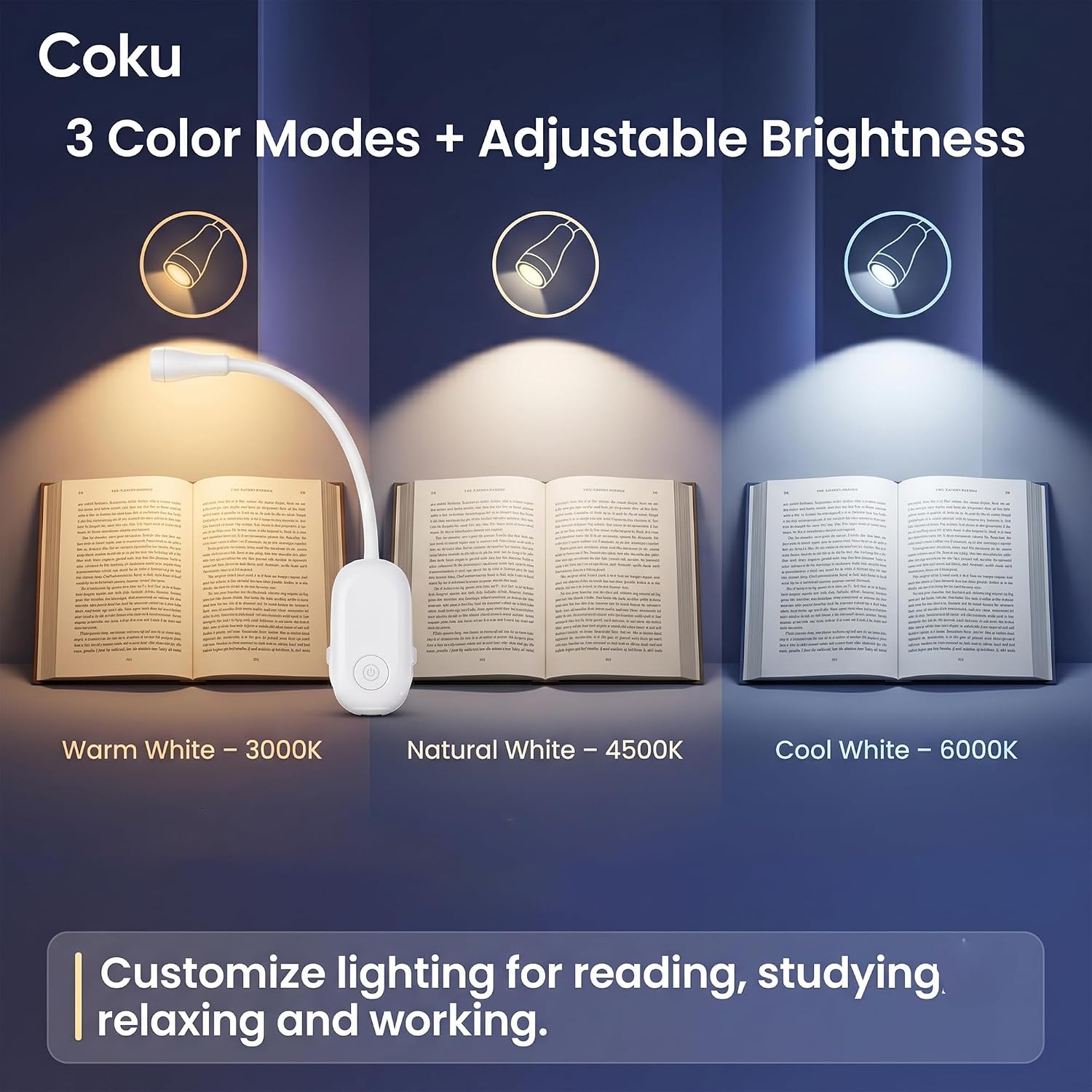Coku Rechargeable LED Book Light for Reading at Night, Clip-On Reading Lamp with 3 Color Modes, Adjustable Brightness, USB Type-C Charging, 360° Flexible Gooseneck for Books, Bed, Study & Travel