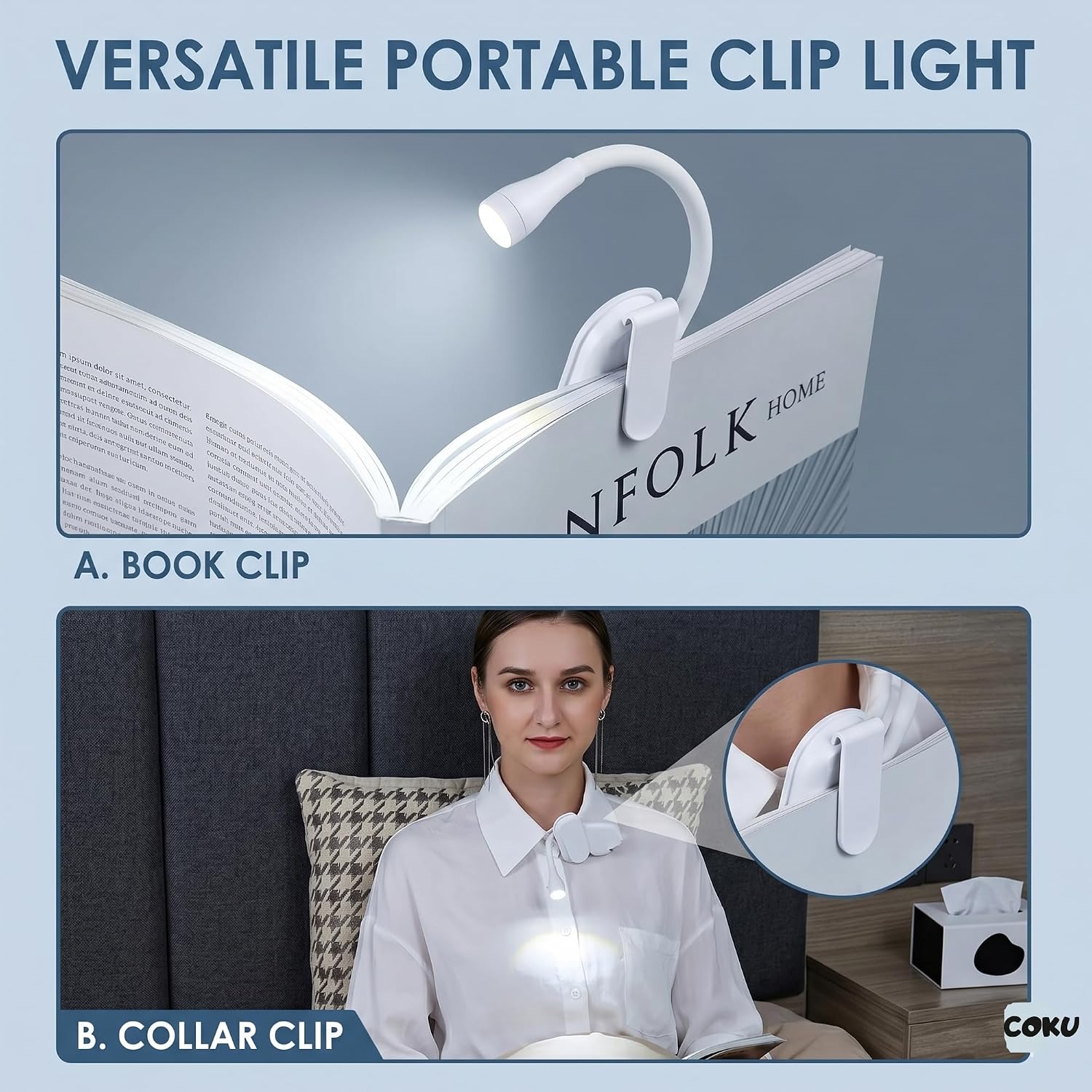 Coku Rechargeable LED Book Light for Reading at Night, Clip-On Reading Lamp with 3 Color Modes, Adjustable Brightness, USB Type-C Charging, 360° Flexible Gooseneck for Books, Bed, Study & Travel