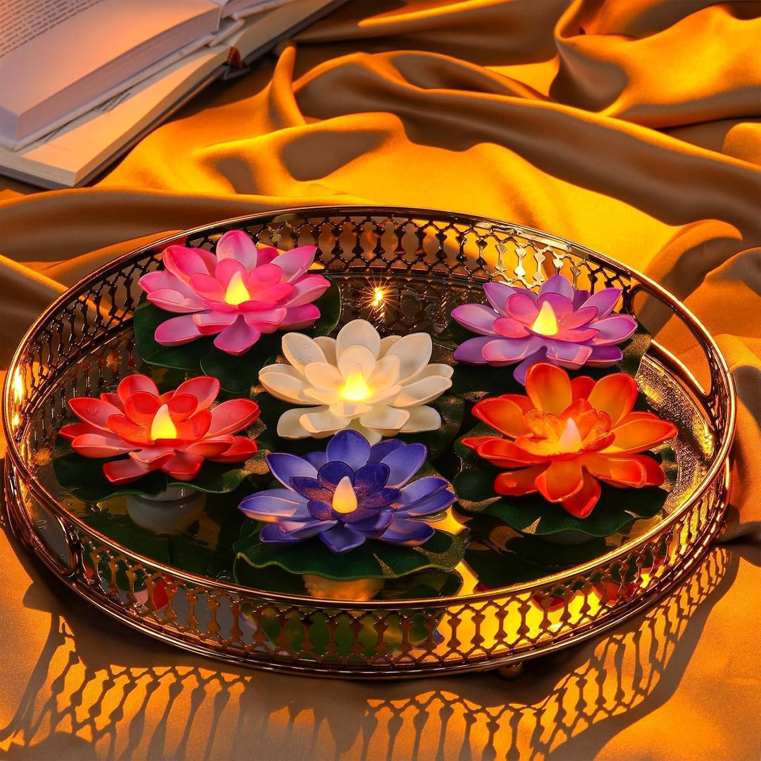 coku Floating Lotus LED Candles, Water Sensor Diya, 4" Multicolor Flower Lights, Water Activated Tea Lights for Diwali, Navratri, Durga Puja, Wedding, Pool, Urli Bowl, & Home Decor