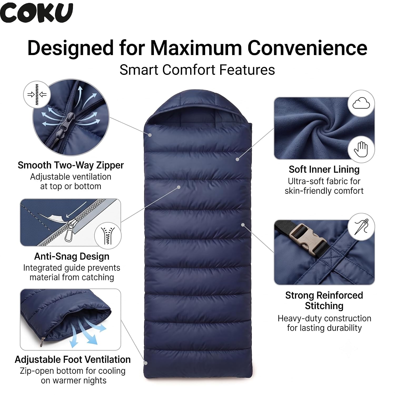 Coku Camping Sleeping Bag Lightweight for Adults Up to 65 ft | Waterproof Hooded Sleeping Bag | 0°C Cold Weather with Carry Bag for Camping, Backpacking, Trekking, Hiking & Travel Outdoor Blue