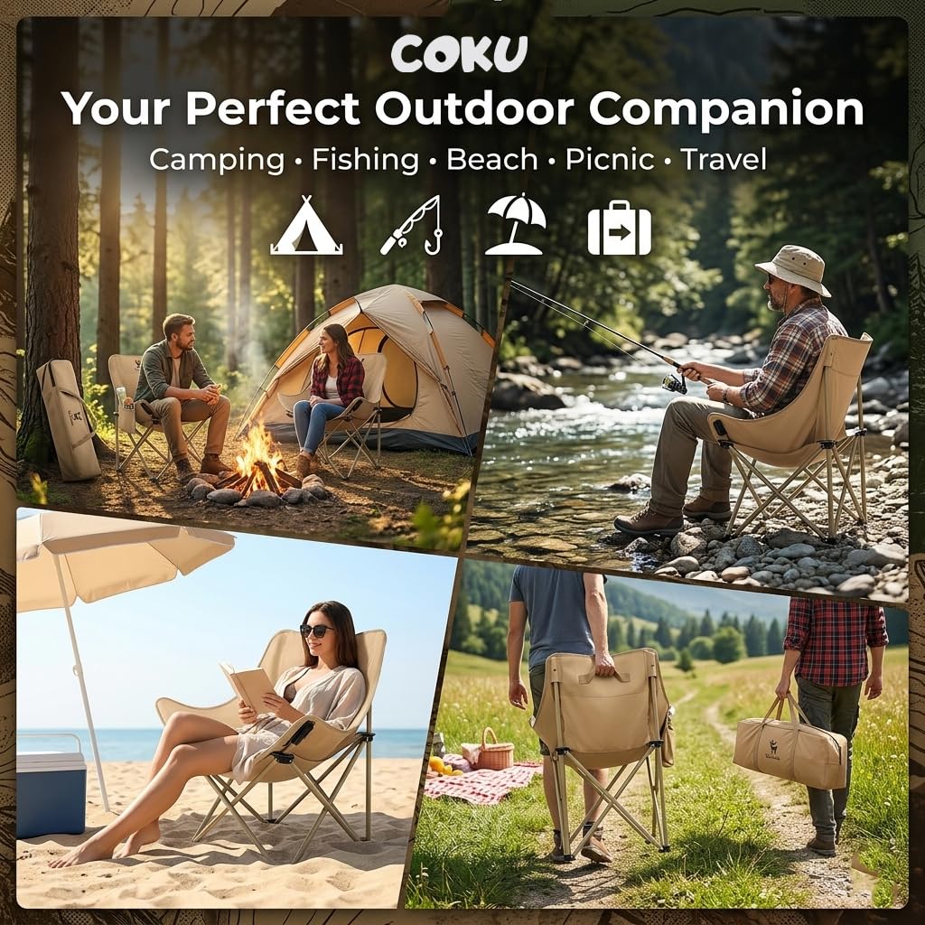 coku Foldable Camping Chair for Adults | Lightweight Portable Outdoor Chair with Side Pocket & Carry Bag | Carbon Steel Frame, 120kg Capacity | 600D Oxford Fabric for Camping, Beach & Travel