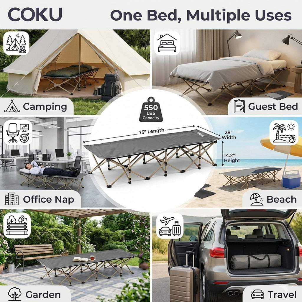 coku Folding Camping Cot for Adults, Heavy Duty Steel Frame, Portable, 190.5 cm, with Carry Bag, for Camping, Travel, Office Nap, Guest Use