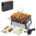 Coku Portable Folding Charcoal BBQ Grill Combo Set with 8 Sticks, Air Blower, Oil Brush & Spatula, Compact Heavy Duty Iron Camping Grill for Picnic, Garden, Patio & Travel