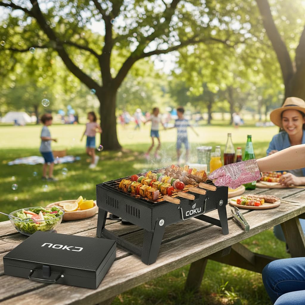 Coku Portable Folding Charcoal BBQ Grill Combo Set with 8 Sticks, Air Blower, Oil Brush & Spatula, Compact Heavy Duty Iron Camping Grill for Picnic, Garden, Patio & Travel