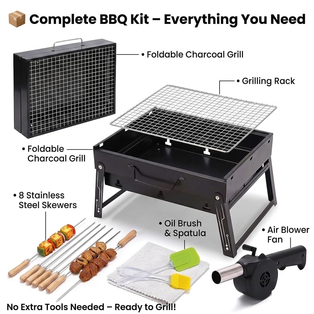 Coku Portable Folding Charcoal BBQ Grill Combo Set with 8 Sticks, Air Blower, Oil Brush & Spatula, Compact Heavy Duty Iron Camping Grill for Picnic, Garden, Patio & Travel