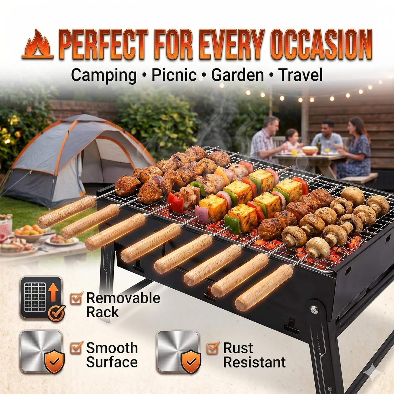 Coku Portable Folding Charcoal BBQ Grill Combo Set with 8 Sticks, Air Blower, Oil Brush & Spatula, Compact Heavy Duty Iron Camping Grill for Picnic, Garden, Patio & Travel