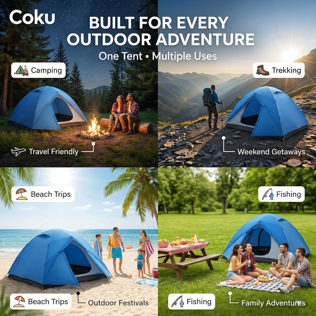 Coku Camping Tent Waterproof Outdoor Heavy Duty Dome Tent with Carry Bag | Lightweight Portable Easy Setup Tent for Camping, Hiking, Trekking, Travel & Outdoor Adventure