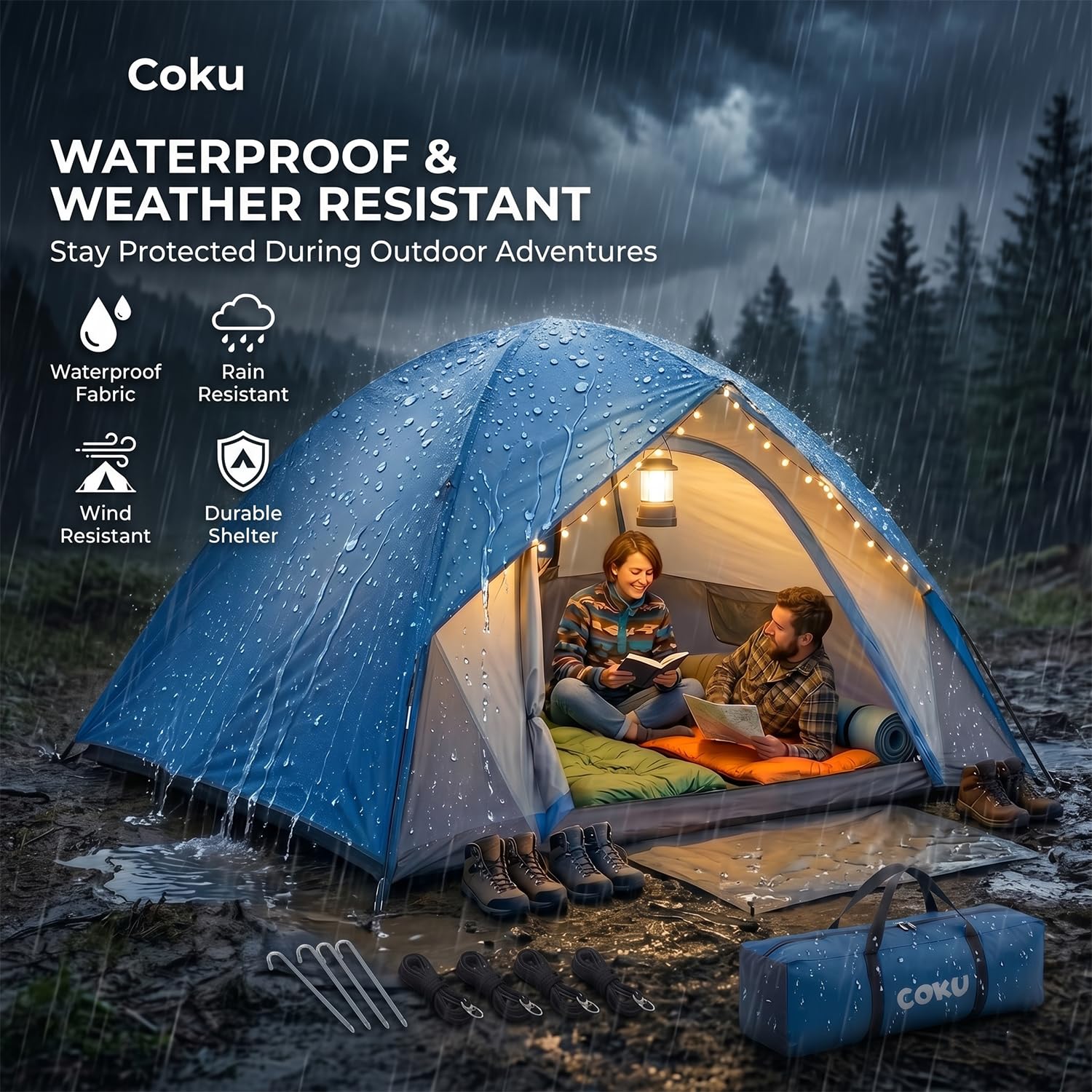 Coku Camping Tent Waterproof Outdoor Heavy Duty Dome Tent with Carry Bag | Lightweight Portable Easy Setup Tent for Camping, Hiking, Trekking, Travel & Outdoor Adventure