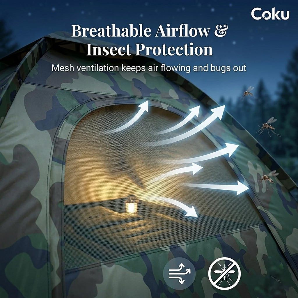 Coku 4 Person Camping Tent, Waterproof Dome Tent Lightweight & Portable with Carry Bag, Easy Setup Outdoor Tent for Hiking, Trekking, Beach Camping (Army Colour) (4 Person)