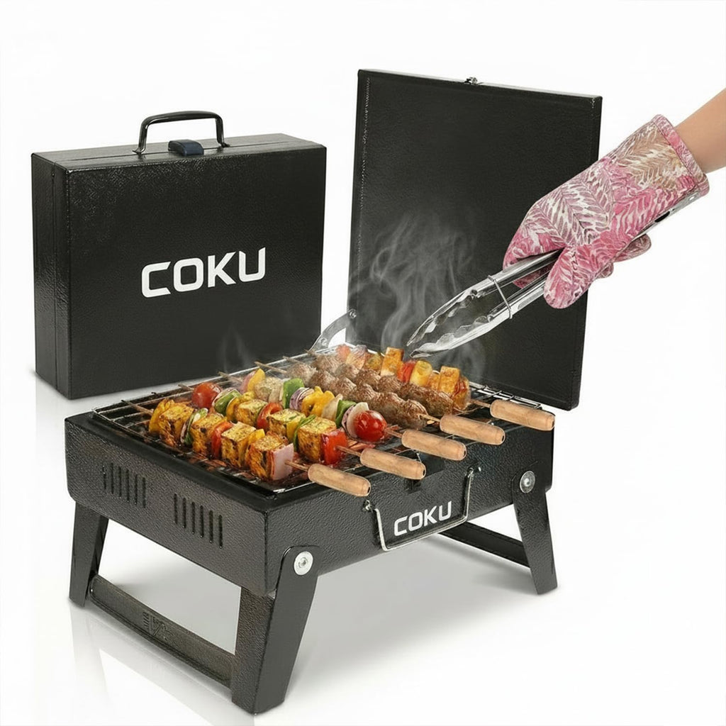 Coku Portable Folding Charcoal BBQ Grill Combo Set with 8 Sticks, Air Blower, Oil Brush & Spatula, Compact Heavy Duty Iron Camping Grill for Picnic, Garden, Patio & Travel (M2)