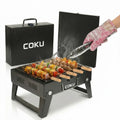 Coku Portable Folding Charcoal BBQ Grill Combo Set with 8 Sticks, Air Blower, Oil Brush & Spatula, Compact Heavy Duty Iron Camping Grill for Picnic, Garden, Patio & Travel (M2)