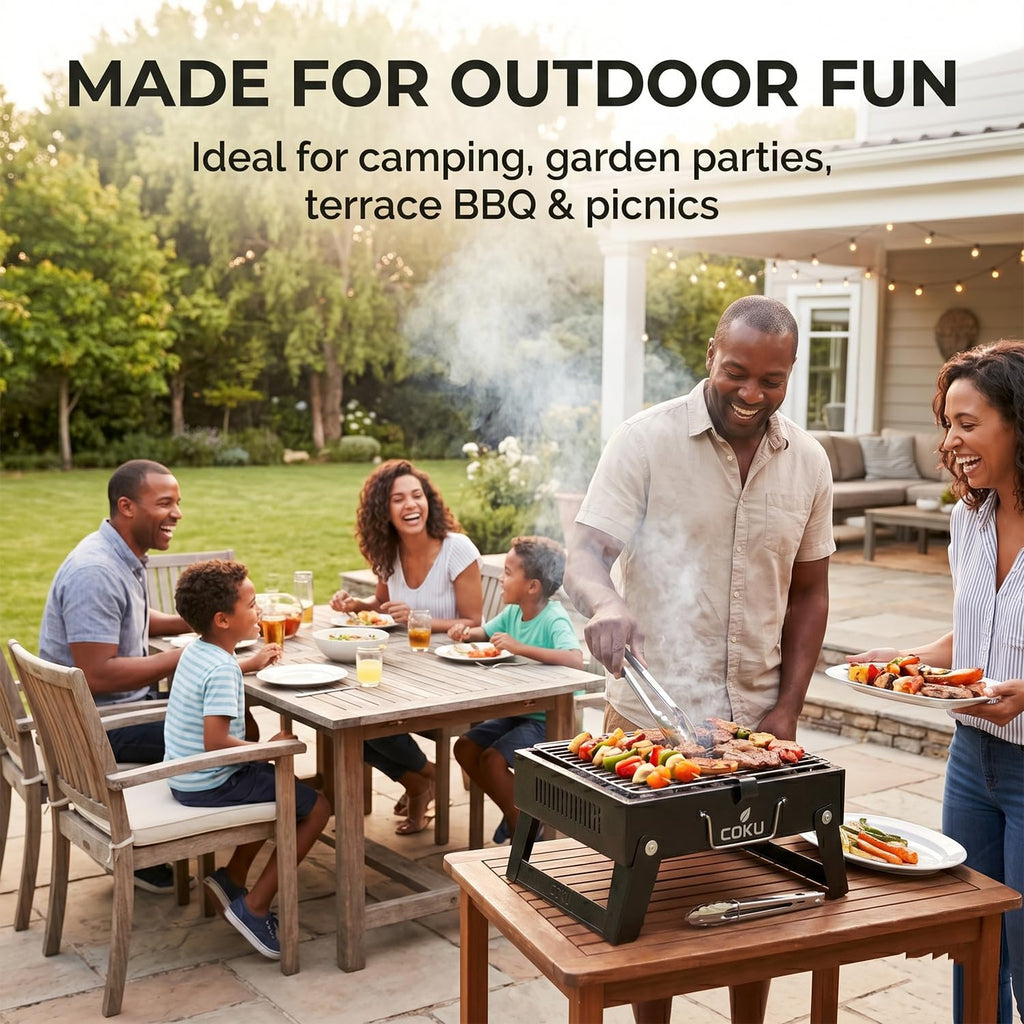 Coku Portable Folding Charcoal BBQ Grill Combo Set with 8 Sticks, Air Blower, Oil Brush & Spatula, Compact Heavy Duty Iron Camping Grill for Picnic, Garden, Patio & Travel (M2)