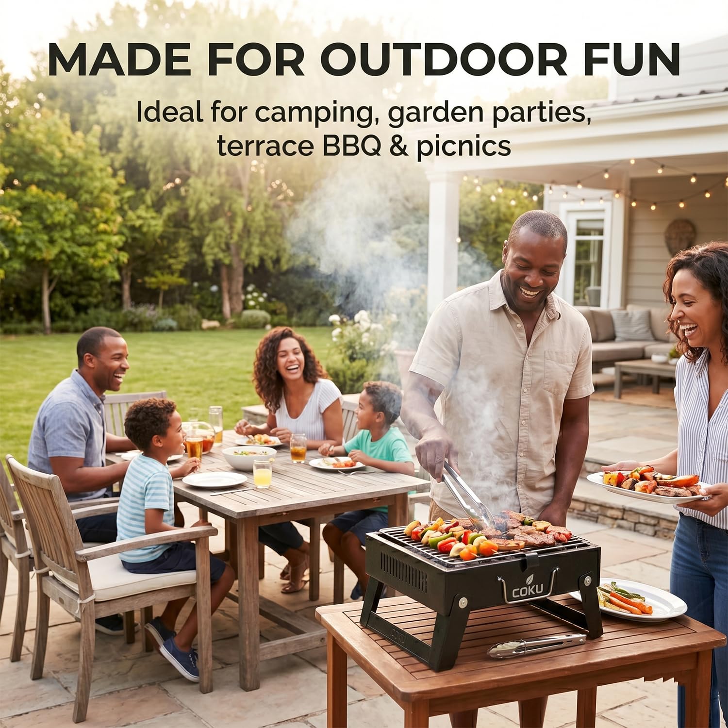 Coku Portable Folding Charcoal BBQ Grill Combo Set with 8 Sticks, Air Blower, Oil Brush & Spatula, Compact Heavy Duty Iron Camping Grill for Picnic, Garden, Patio & Travel (M2)