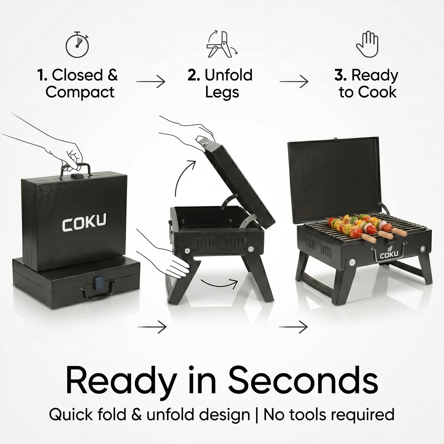 Coku Portable Folding Charcoal BBQ Grill Combo Set with 8 Sticks, Air Blower, Oil Brush & Spatula, Compact Heavy Duty Iron Camping Grill for Picnic, Garden, Patio & Travel (M2)