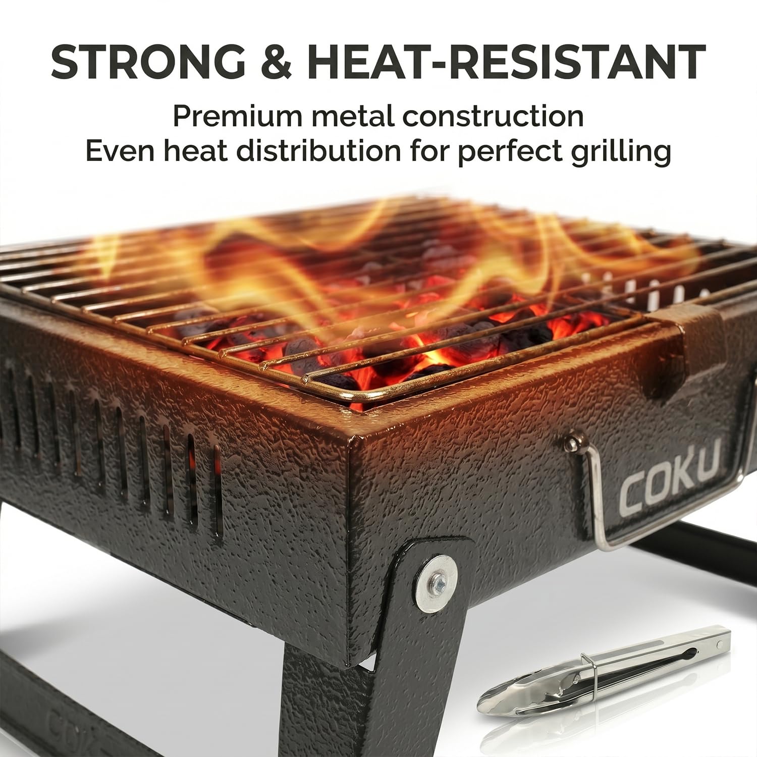 Coku Portable Folding Charcoal BBQ Grill Combo Set with 8 Sticks, Air Blower, Oil Brush & Spatula, Compact Heavy Duty Iron Camping Grill for Picnic, Garden, Patio & Travel (M2)