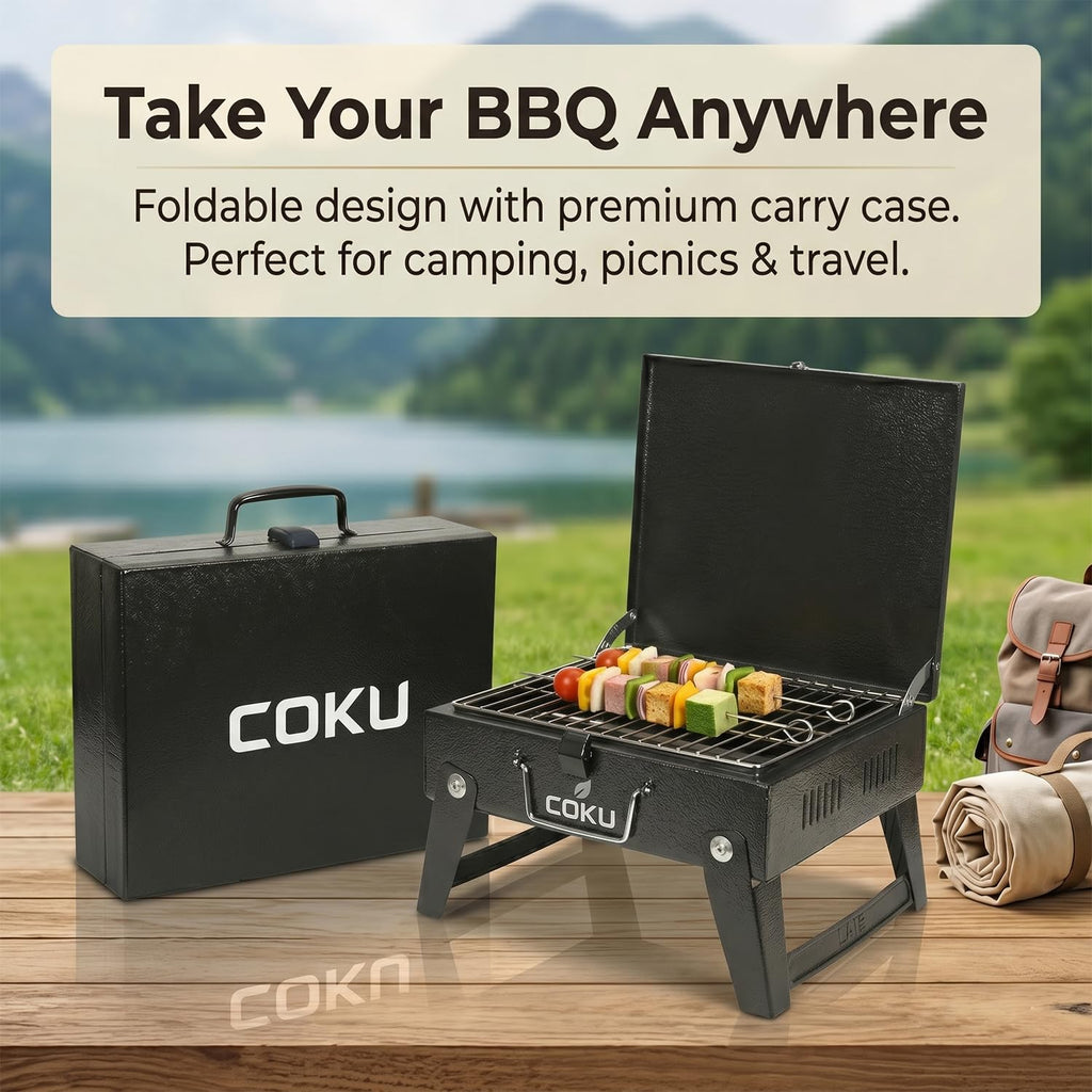 Coku Portable Folding Charcoal BBQ Grill Combo Set with 8 Sticks, Air Blower, Oil Brush & Spatula, Compact Heavy Duty Iron Camping Grill for Picnic, Garden, Patio & Travel (M2)