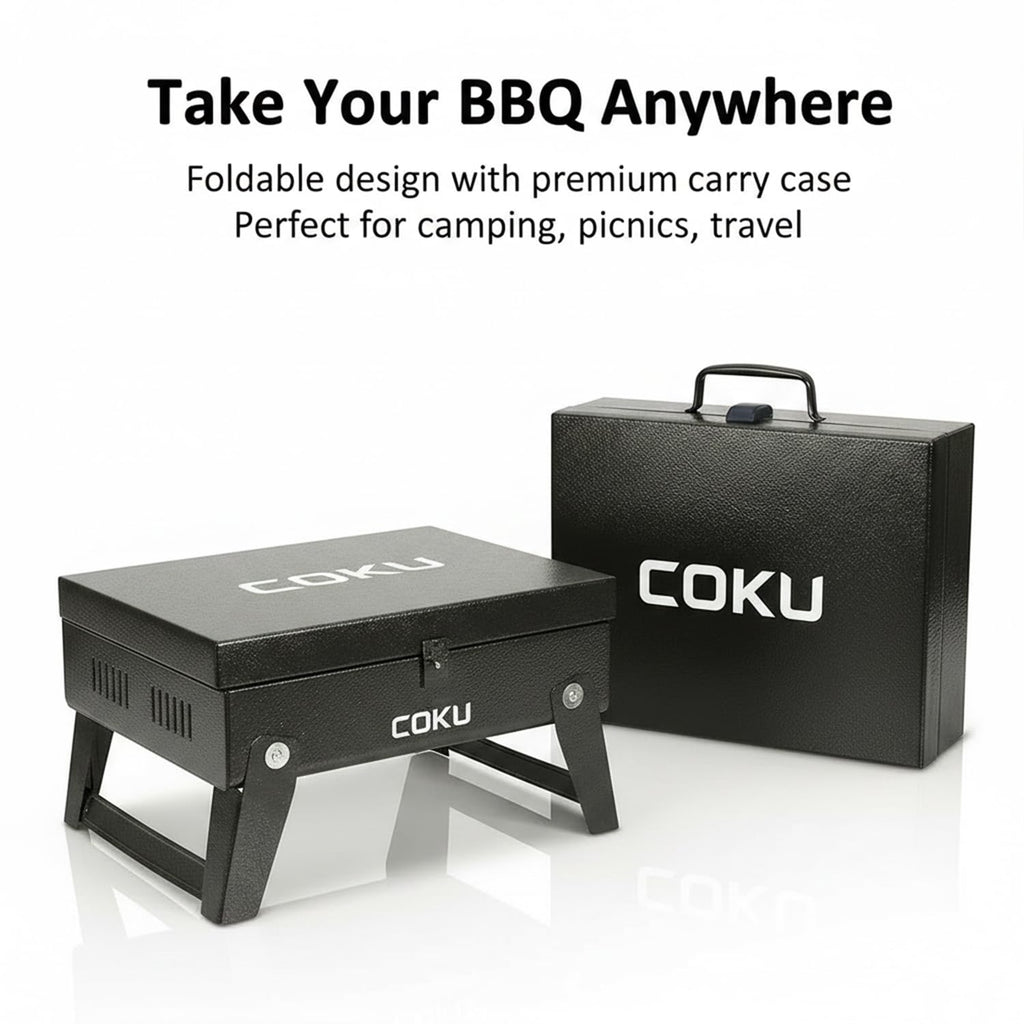 Coku Portable Folding Charcoal BBQ Grill Combo Set with 8 Sticks, Air Blower, Oil Brush & Spatula, Compact Heavy Duty Iron Camping Grill for Picnic, Garden, Patio & Travel (M2)